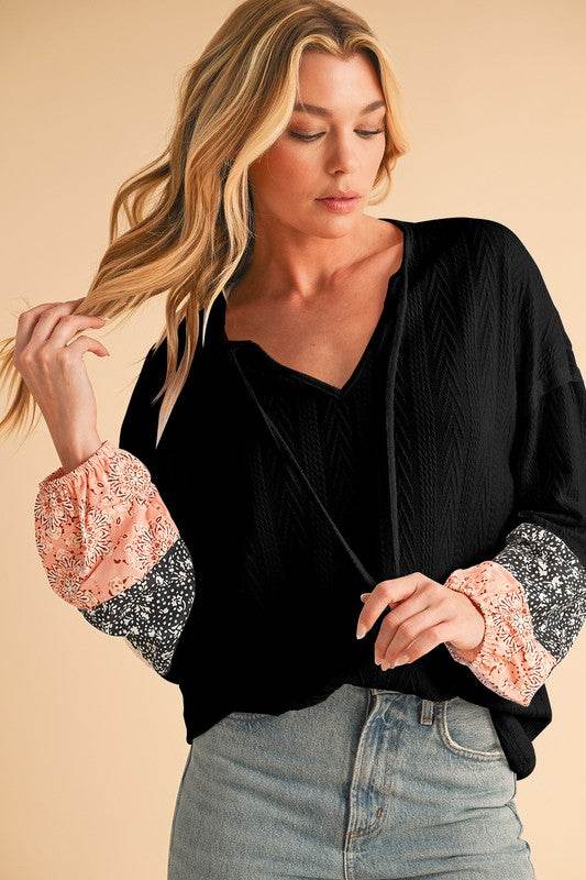 Floral Patchwork Textured Drawstring V Neck Top - Shop Style & More | Fresh Looks, Everyday Deals & Free Shipping