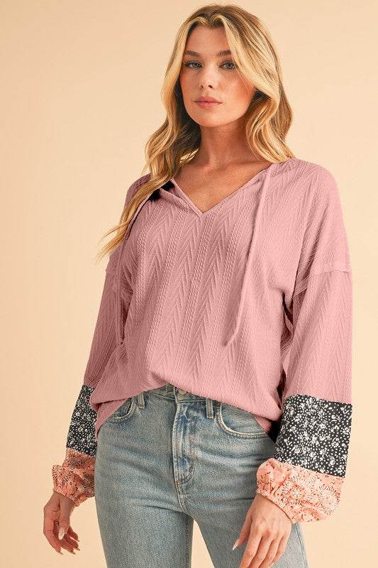 Floral Patchwork Textured Drawstring V Neck Top - Shop Style & More | Fresh Looks, Everyday Deals & Free Shipping