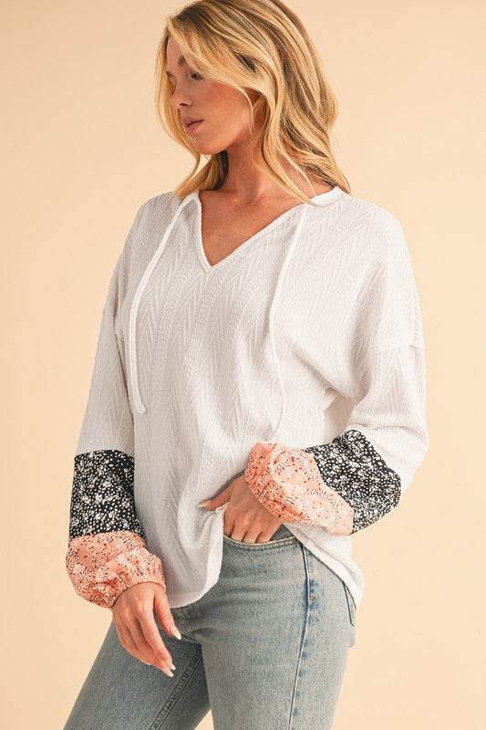 Floral Patchwork Textured Drawstring V Neck Top - Shop Style & More | Fresh Looks, Everyday Deals & Free Shipping