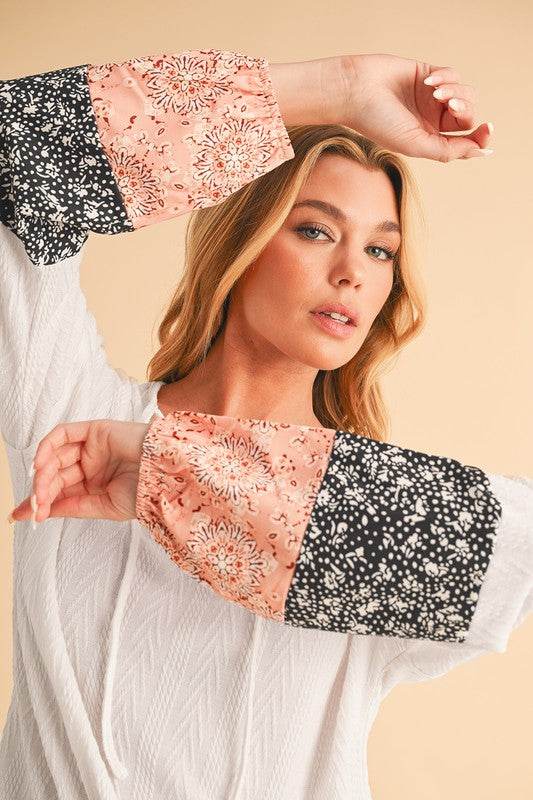 Floral Patchwork Textured Drawstring V Neck Top - Shop Style & More | Fresh Looks, Everyday Deals & Free Shipping
