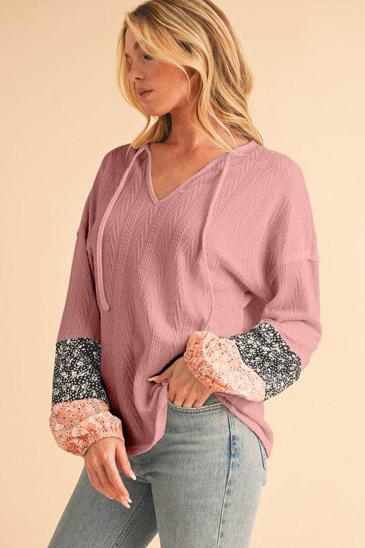 Floral Patchwork Textured Drawstring V Neck Top - Shop Style & More | Fresh Looks, Everyday Deals & Free Shipping