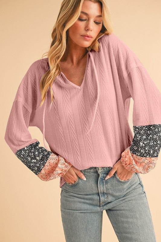 Floral Patchwork Textured Drawstring V Neck Top - Shop Style & More | Fresh Looks, Everyday Deals & Free Shipping