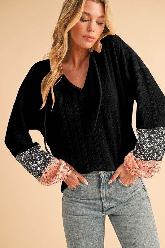 Floral Patchwork Textured Drawstring V Neck Top - Shop Style & More | Fresh Looks, Everyday Deals & Free Shipping
