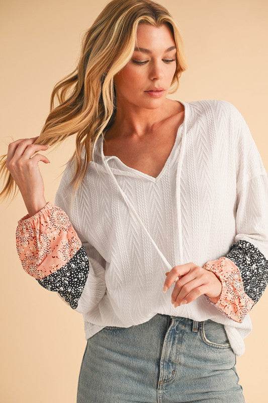 Floral Patchwork Textured Drawstring V Neck Top - Shop Style & More | Fresh Looks, Everyday Deals & Free Shipping