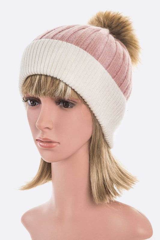 Raccoon Fur PomPom 2 Tone Beanie - Shop Style & More | Fresh Looks, Everyday Deals & Free Shipping