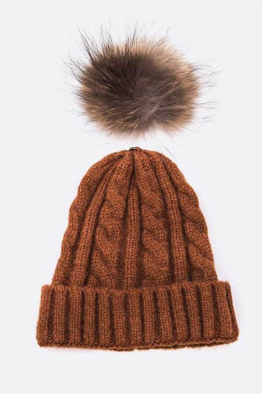 Genuine Fur Pom Cable Knit Soft Beanie - Shop Style & More | Fresh Looks, Everyday Deals & Free Shipping
