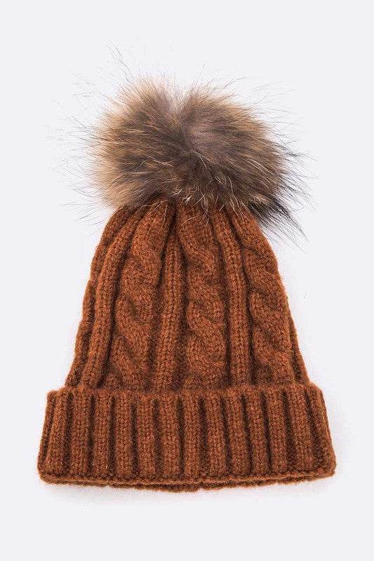Genuine Fur Pom Cable Knit Soft Beanie - Shop Style & More | Fresh Looks, Everyday Deals & Free Shipping