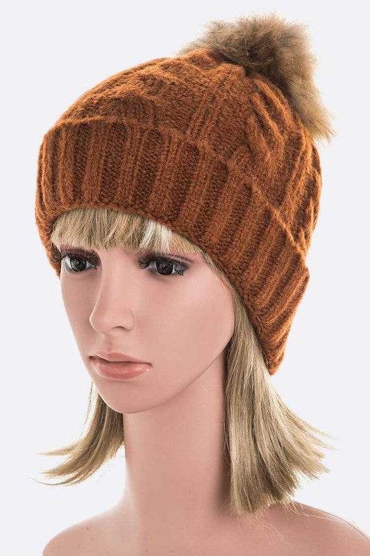 Genuine Fur Pom Cable Knit Soft Beanie - Shop Style & More | Fresh Looks, Everyday Deals & Free Shipping