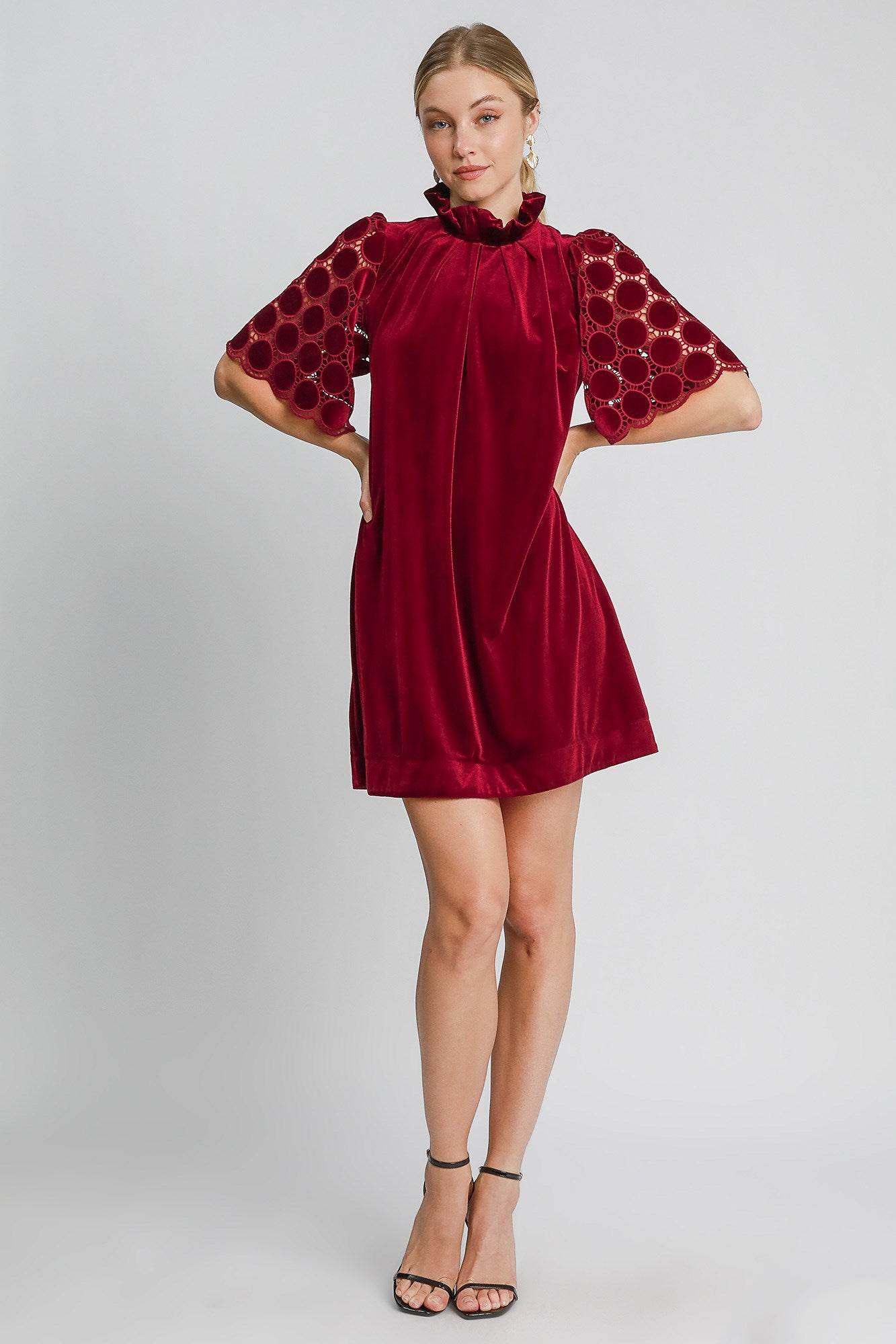 Umgee Dotted Lace Half Sleeve Mock Neck Back Tie Velvet Dress - Shop Style & More | Fresh Looks, Everyday Deals & Free Shipping