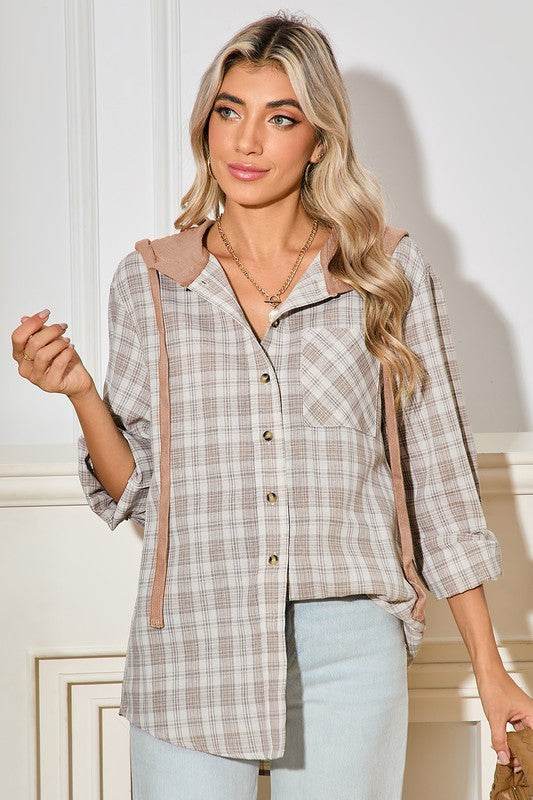 Checkered Print Hooded Patchwork Loose Fit Shacket - Shop Style & More | Fresh Looks, Everyday Deals & Free Shipping