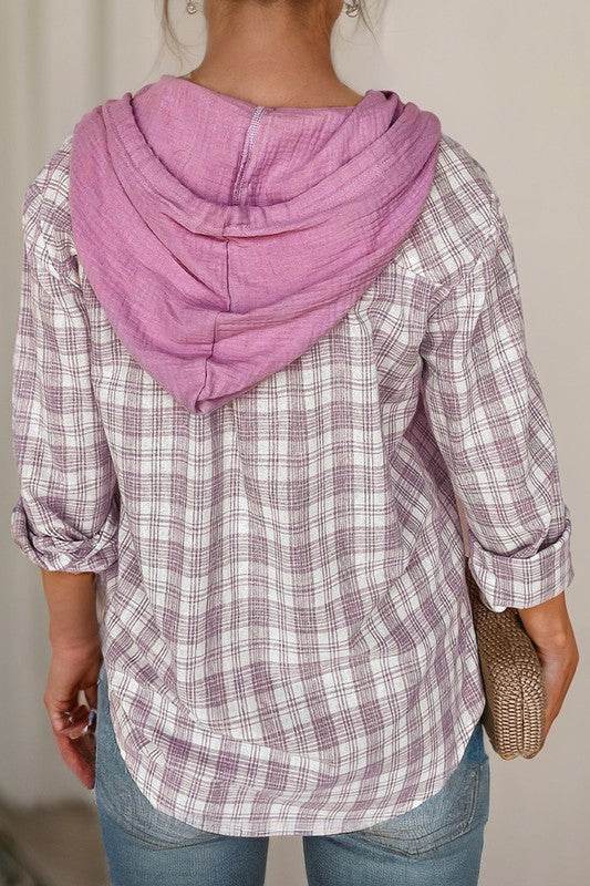 Checkered Print Hooded Patchwork Loose Fit Shacket - Shop Style & More | Fresh Looks, Everyday Deals & Free Shipping