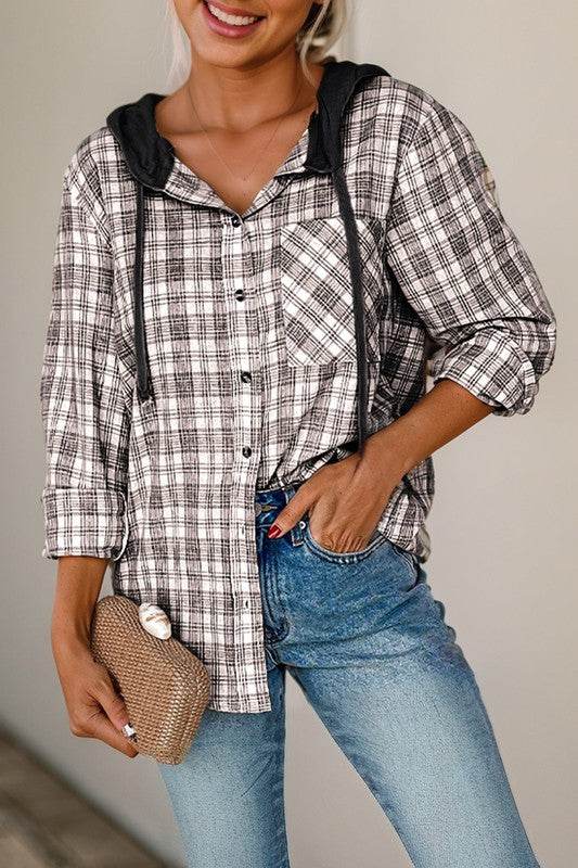 Checkered Print Hooded Patchwork Loose Fit Shacket - Shop Style & More | Fresh Looks, Everyday Deals & Free Shipping