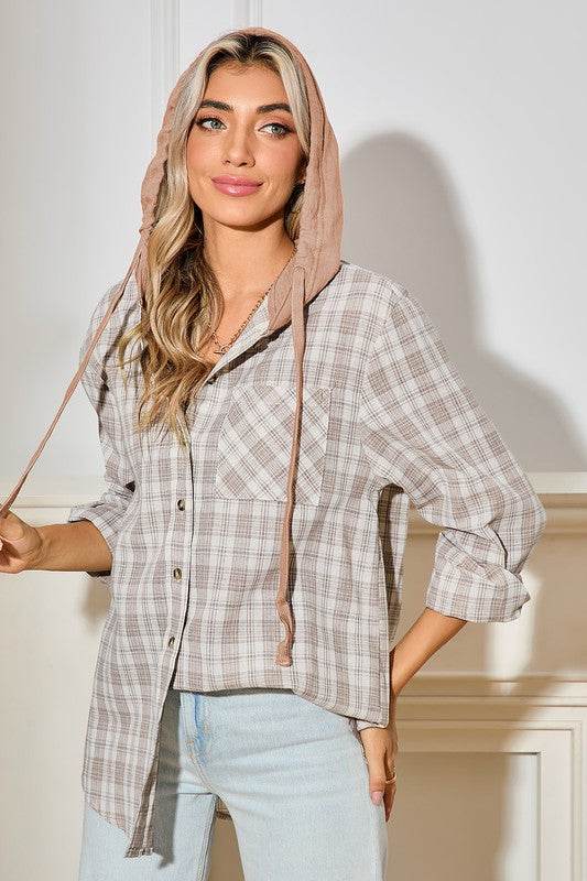 Checkered Print Hooded Patchwork Loose Fit Shacket - Shop Style & More | Fresh Looks, Everyday Deals & Free Shipping