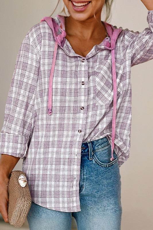 Checkered Print Hooded Patchwork Loose Fit Shacket - Shop Style & More | Fresh Looks, Everyday Deals & Free Shipping