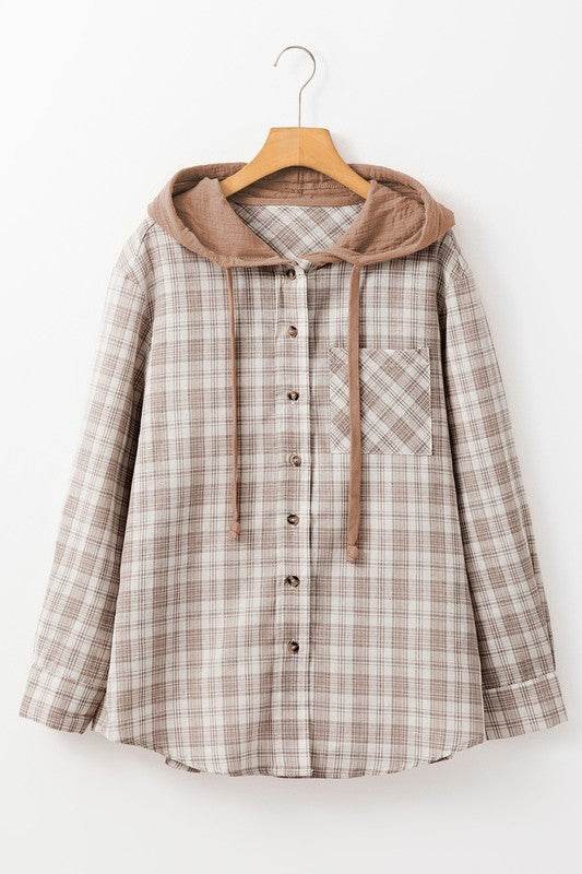 Checkered Print Hooded Patchwork Loose Fit Shacket - Shop Style & More | Fresh Looks, Everyday Deals & Free Shipping