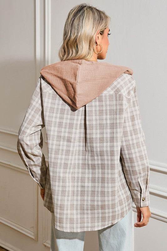 Checkered Print Hooded Patchwork Loose Fit Shacket - Shop Style & More | Fresh Looks, Everyday Deals & Free Shipping