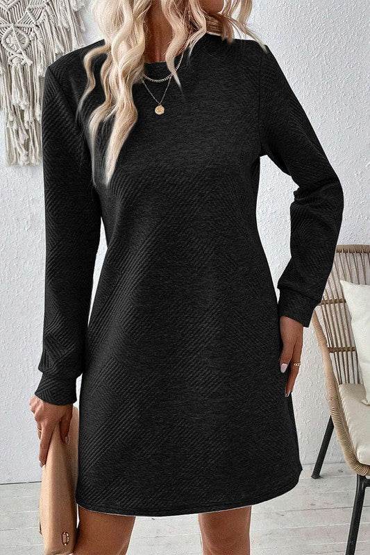 Women Solid Color Textured Long Sleeve Shift Dress - Shop Style & More | Fresh Looks, Everyday Deals & Free Shipping