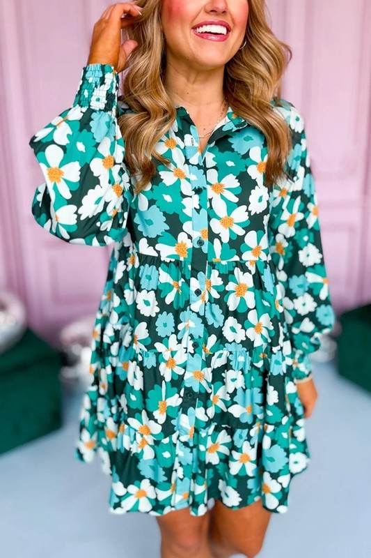Green Floral Tiered Long Puff Sleeve Shirt Dress - Shop Style & More | Fresh Looks, Everyday Deals & Free Shipping