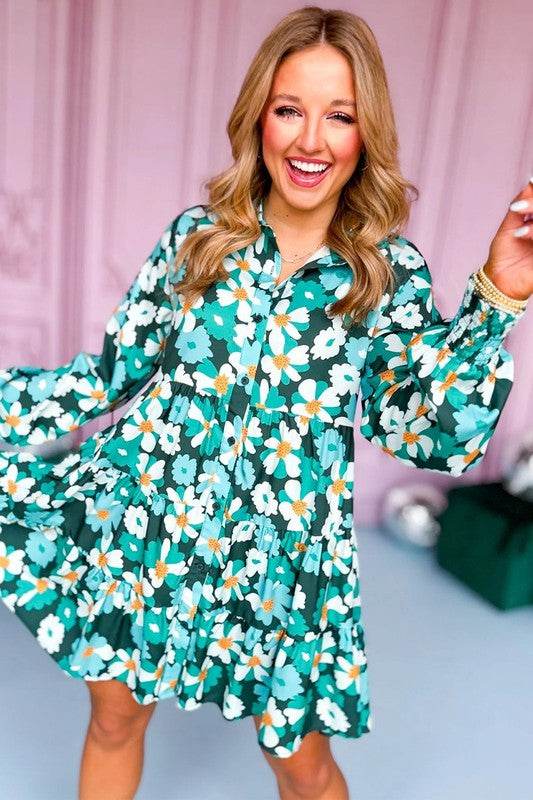 Green Floral Tiered Long Puff Sleeve Shirt Dress - Shop Style & More | Fresh Looks, Everyday Deals & Free Shipping