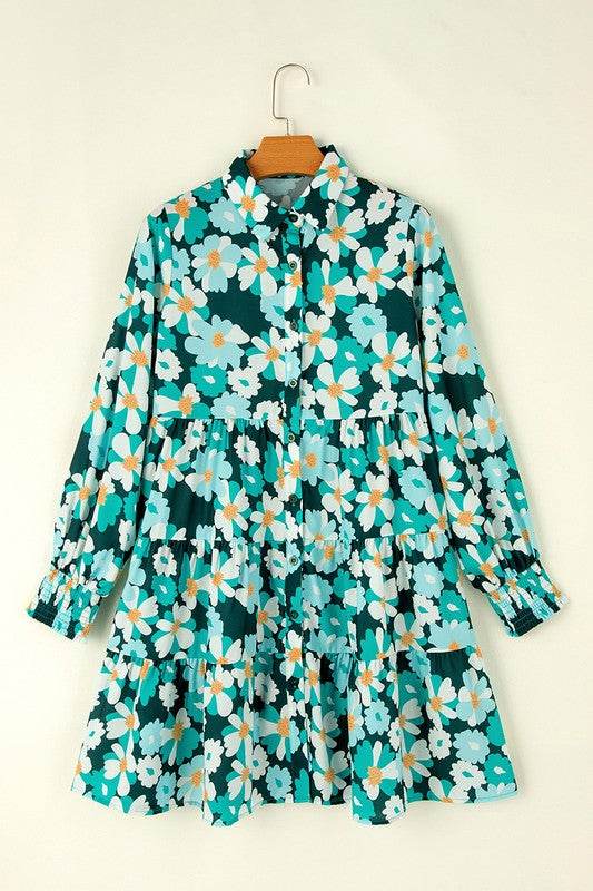 Green Floral Tiered Long Puff Sleeve Shirt Dress - Shop Style & More | Fresh Looks, Everyday Deals & Free Shipping