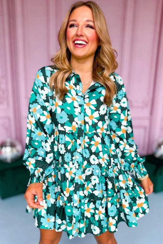 Green Floral Tiered Long Puff Sleeve Shirt Dress - Shop Style & More | Fresh Looks, Everyday Deals & Free Shipping