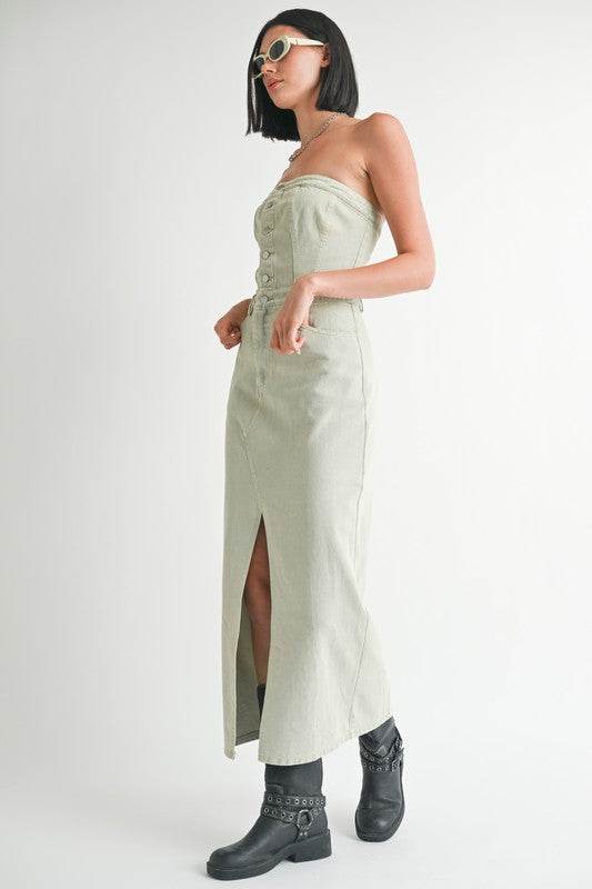 BUTTON UP TUBE DENIM DRESS WITH SLIT - Shop Style & More | Fresh Looks, Everyday Deals & Free Shipping