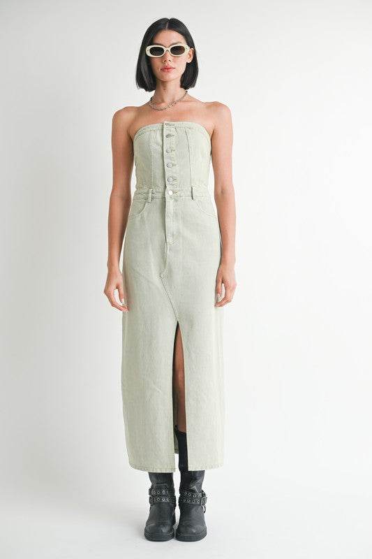 BUTTON UP TUBE DENIM DRESS WITH SLIT - Shop Style & More | Fresh Looks, Everyday Deals & Free Shipping