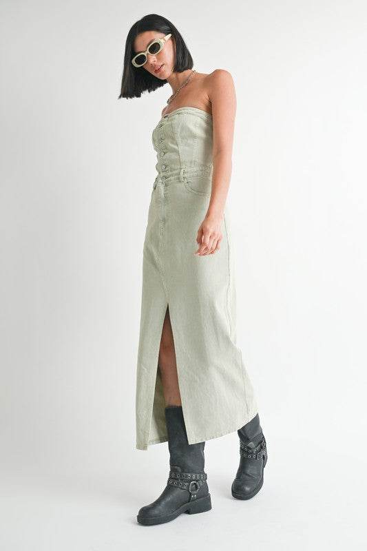 BUTTON UP TUBE DENIM DRESS WITH SLIT - Shop Style & More | Fresh Looks, Everyday Deals & Free Shipping