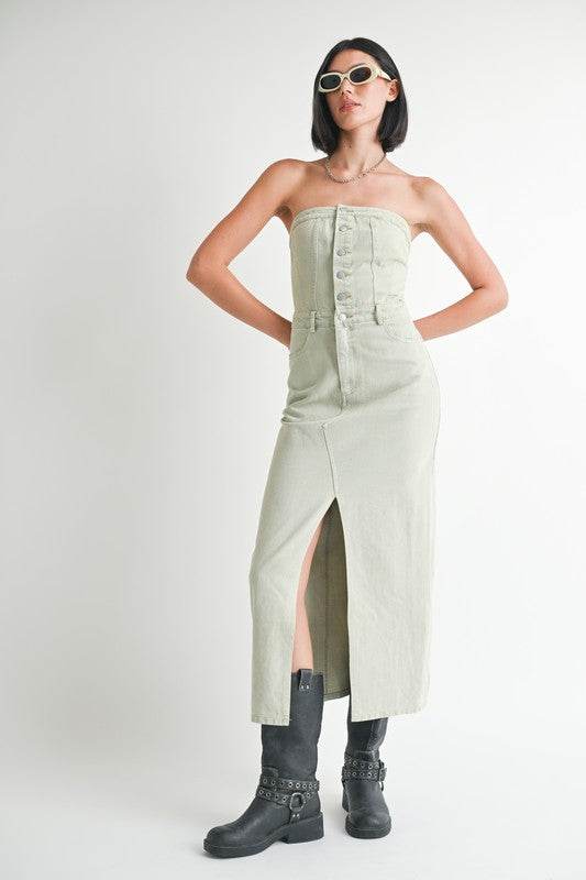 BUTTON UP TUBE DENIM DRESS WITH SLIT - Shop Style & More | Fresh Looks, Everyday Deals & Free Shipping