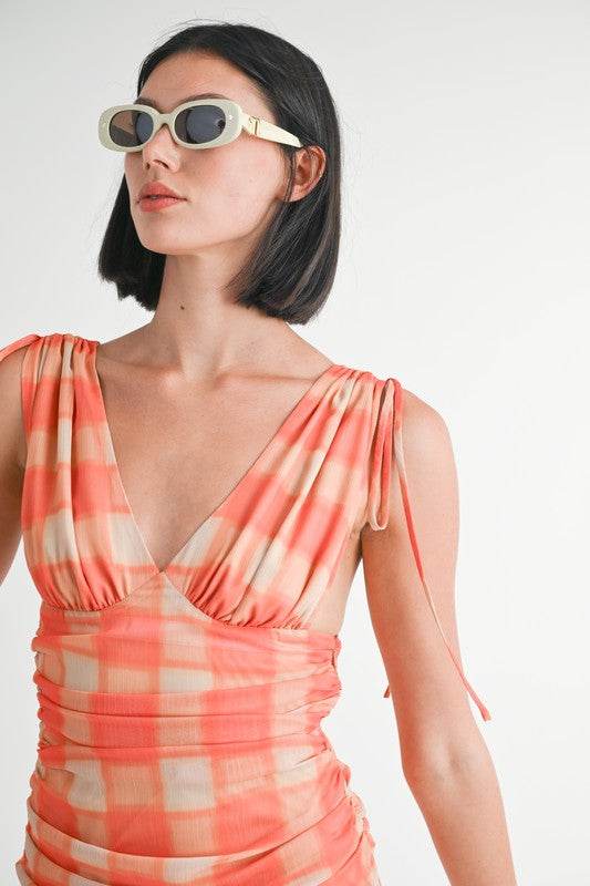 SHIRRED MINI DRESS WITH SHOULDER TIE - Shop Style & More | Fresh Looks, Everyday Deals & Free Shipping