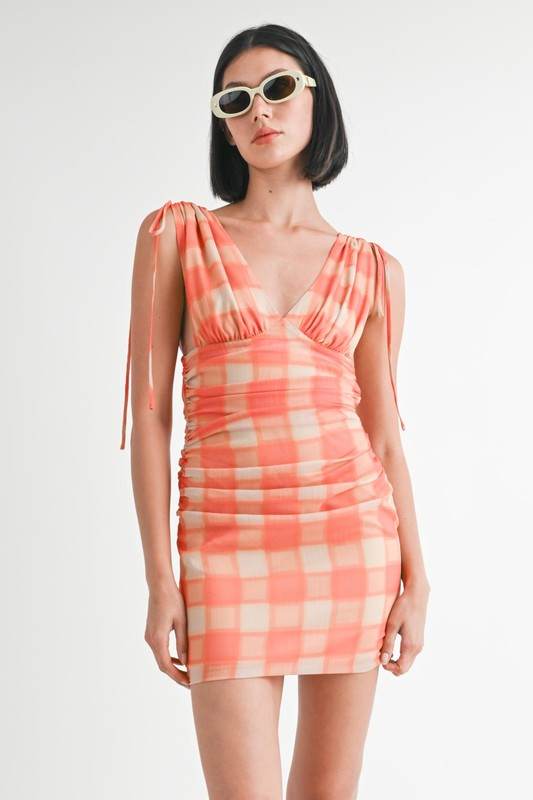 SHIRRED MINI DRESS WITH SHOULDER TIE - Shop Style & More | Fresh Looks, Everyday Deals & Free Shipping