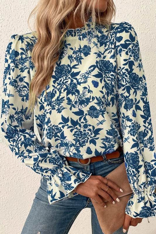 Floral Print Flounce Sleeve Keyhole Back Blouse - Shop Style & More | Fresh Looks, Everyday Deals & Free Shipping