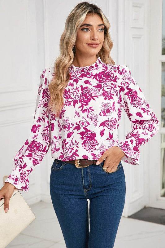 Floral Print Flounce Sleeve Keyhole Back Blouse - Shop Style & More | Fresh Looks, Everyday Deals & Free Shipping
