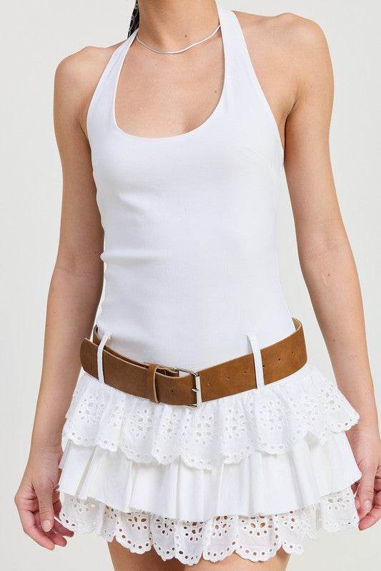 MINI BELTED TIERED EYELET HALTER DRESS - Shop Style & More | Fresh Looks, Everyday Deals & Free Shipping