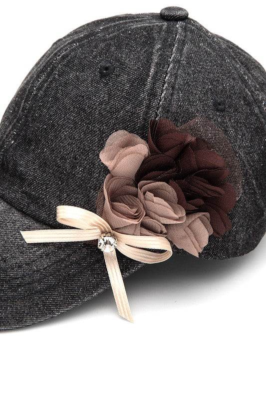 Satin Flower Embellished Denim Cap - Shop Style & More | Fresh Looks, Everyday Deals & Free Shipping