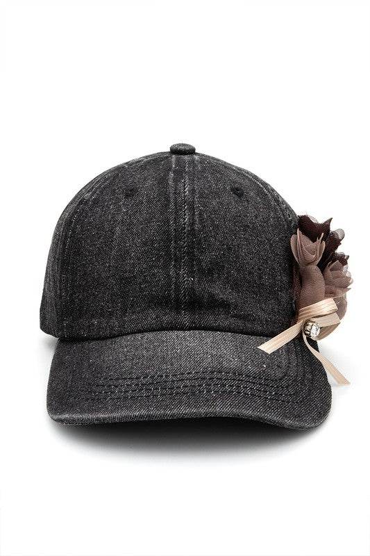 Satin Flower Embellished Denim Cap - Shop Style & More | Fresh Looks, Everyday Deals & Free Shipping