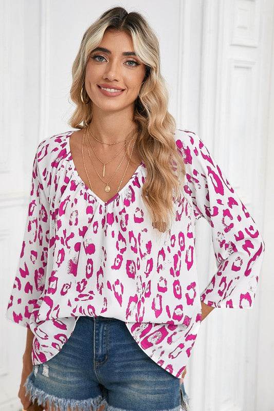 Leopard Print V Neck 3/4 Sleeve Blouse - Shop Style & More | Fresh Looks, Everyday Deals & Free Shipping