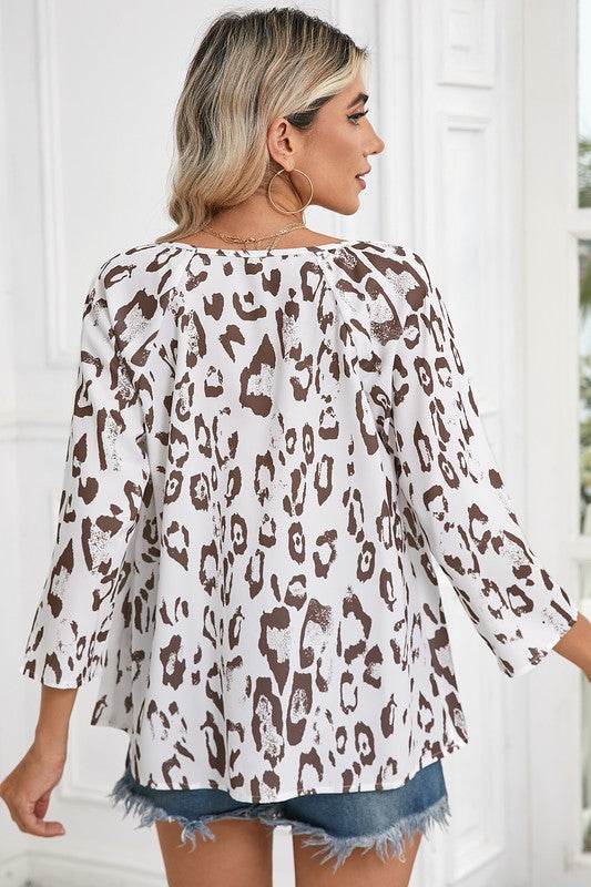 Leopard Print V Neck 3/4 Sleeve Blouse - Shop Style & More | Fresh Looks, Everyday Deals & Free Shipping