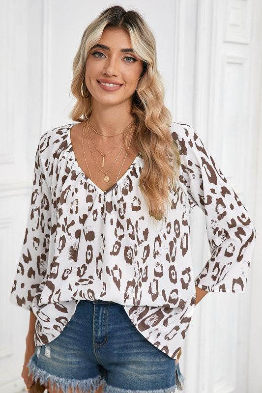 Leopard Print V Neck 3/4 Sleeve Blouse - Shop Style & More | Fresh Looks, Everyday Deals & Free Shipping