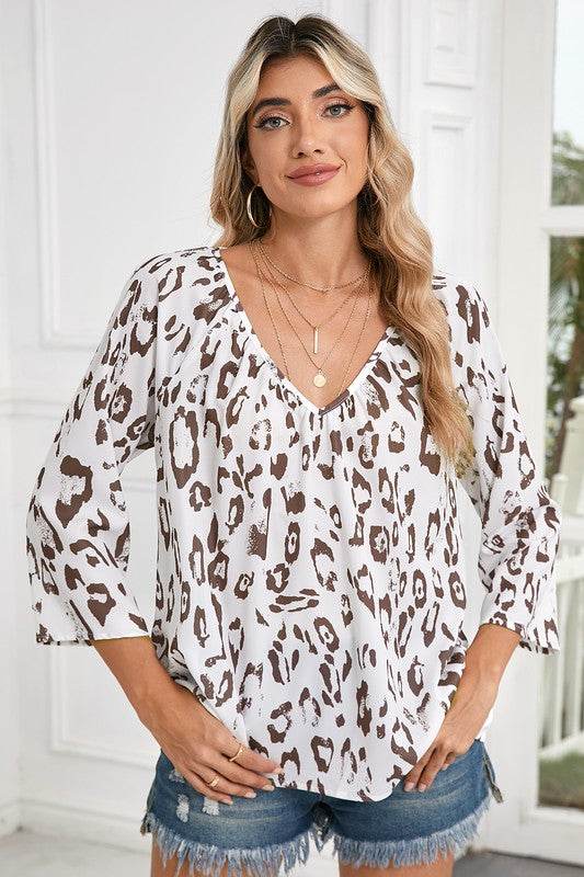 Leopard Print V Neck 3/4 Sleeve Blouse - Shop Style & More | Fresh Looks, Everyday Deals & Free Shipping