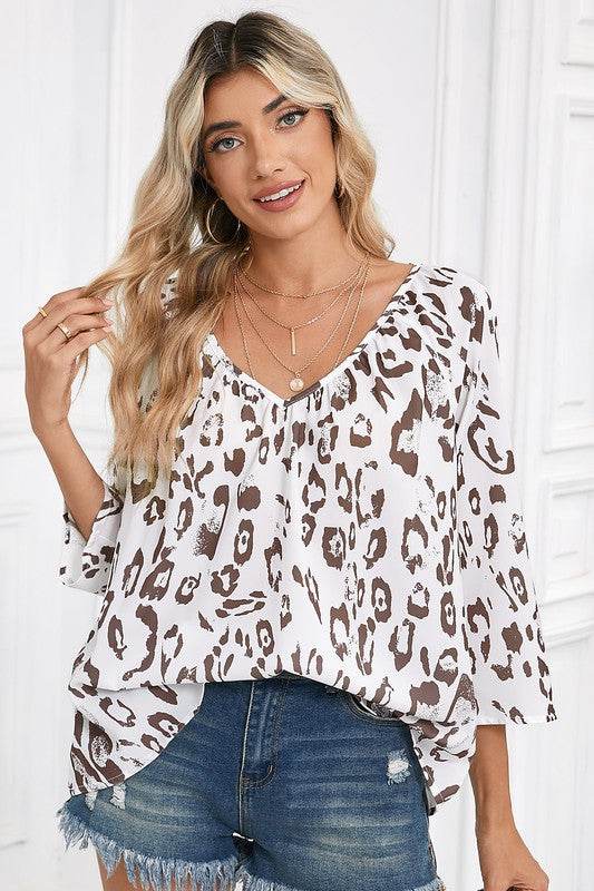 Leopard Print V Neck 3/4 Sleeve Blouse - Shop Style & More | Fresh Looks, Everyday Deals & Free Shipping