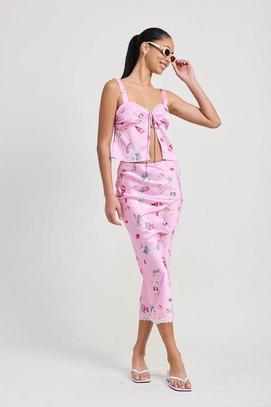 PRINTED SATIN FLY AWAY TOP WITH LACE TRIM - Shop Style & More | Fresh Looks, Everyday Deals & Free Shipping