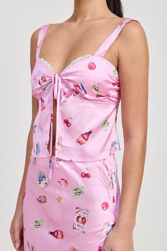 PRINTED SATIN FLY AWAY TOP WITH LACE TRIM - Shop Style & More | Fresh Looks, Everyday Deals & Free Shipping