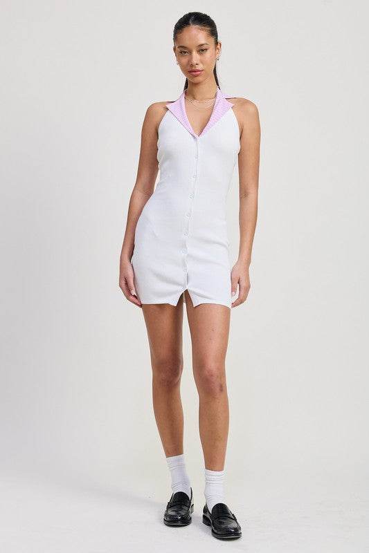CONTRAST COLLAR RIBBED MINI HALTER DRESS - Shop Style & More | Fresh Looks, Everyday Deals & Free Shipping