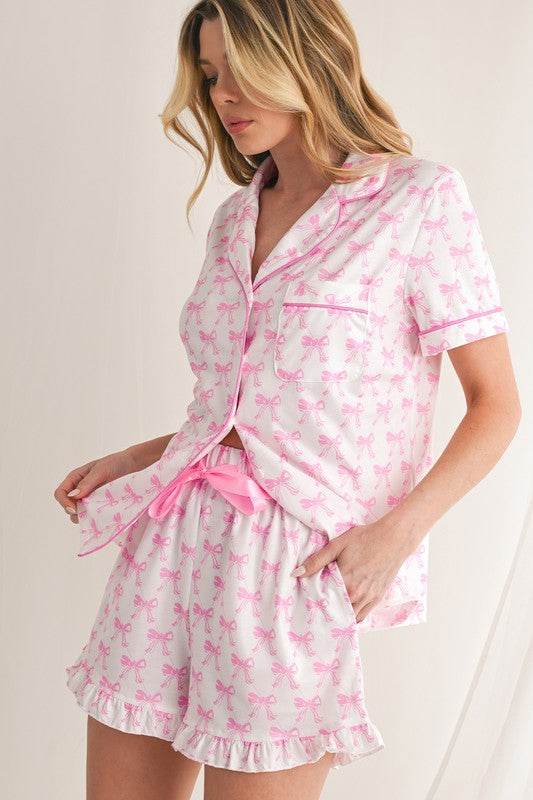 Bowknot Shirt and Ruffle Hem Shorts Pajama Set - Shop Style & More | Fresh Looks, Everyday Deals & Free Shipping