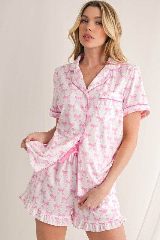 Bowknot Shirt and Ruffle Hem Shorts Pajama Set - Shop Style & More | Fresh Looks, Everyday Deals & Free Shipping