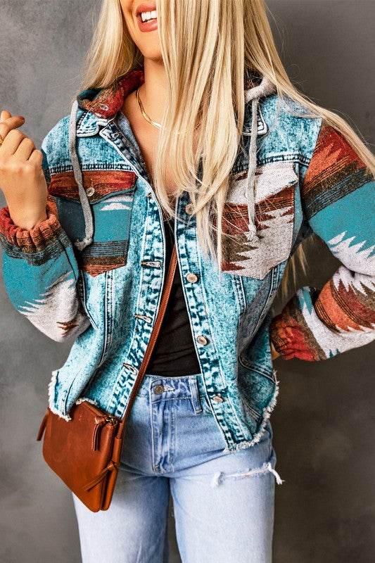 Geometric Print Frayed Hem Denim Jacket - Shop Style & More | Fresh Looks, Everyday Deals & Free Shipping