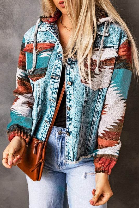 Geometric Print Frayed Hem Denim Jacket - Shop Style & More | Fresh Looks, Everyday Deals & Free Shipping