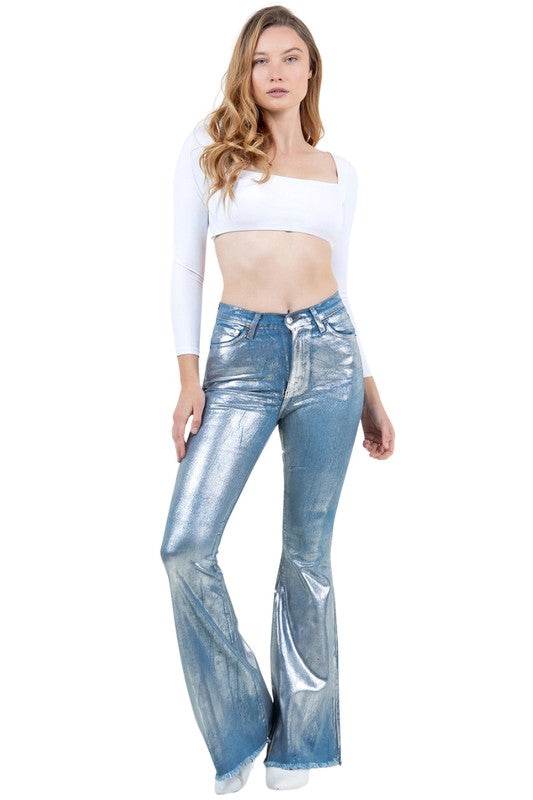 Metallic Bell Bottom Jean in Blue - Shop Style & More | Fresh Looks, Everyday Deals & Free Shipping