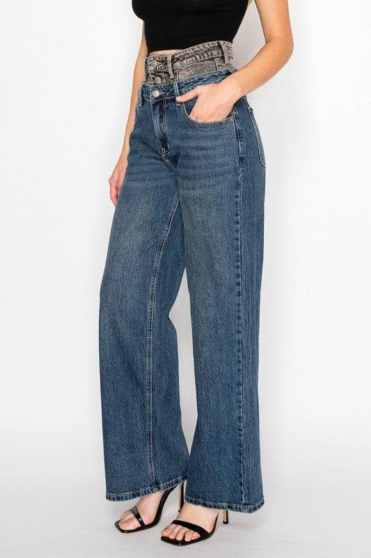 DOUBLE SNAP WAISTBAND ULTRA HIGH RISE WIDE JEANS - Shop Style & More | Fresh Looks, Everyday Deals & Free Shipping